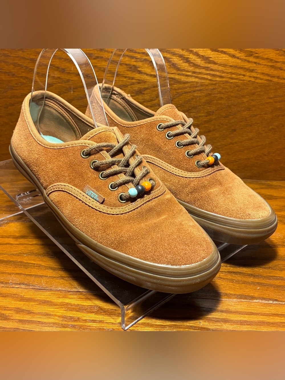 RARE Vans Suede Gum Sole Beaded Lace Authentic Sneakers Brown W 8 / M 6.5